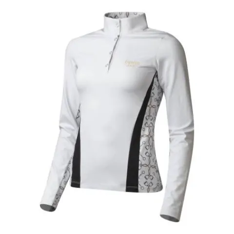 Polo manches longues Blanc/Or - Femme Tenue D'Équitation Femme·Polos Et Chemises